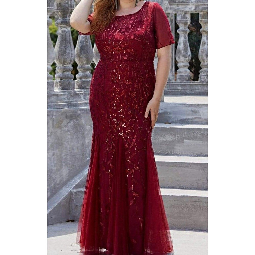 Ever Pretty Dress Women Size 14 Burgundy Sequin Tulle Formal Mermaid Maxi Gown